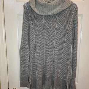 Effecti Grey Cowl Neck Sweater Medium Chevron Ribbed Knit Tunic Cozy Pullover